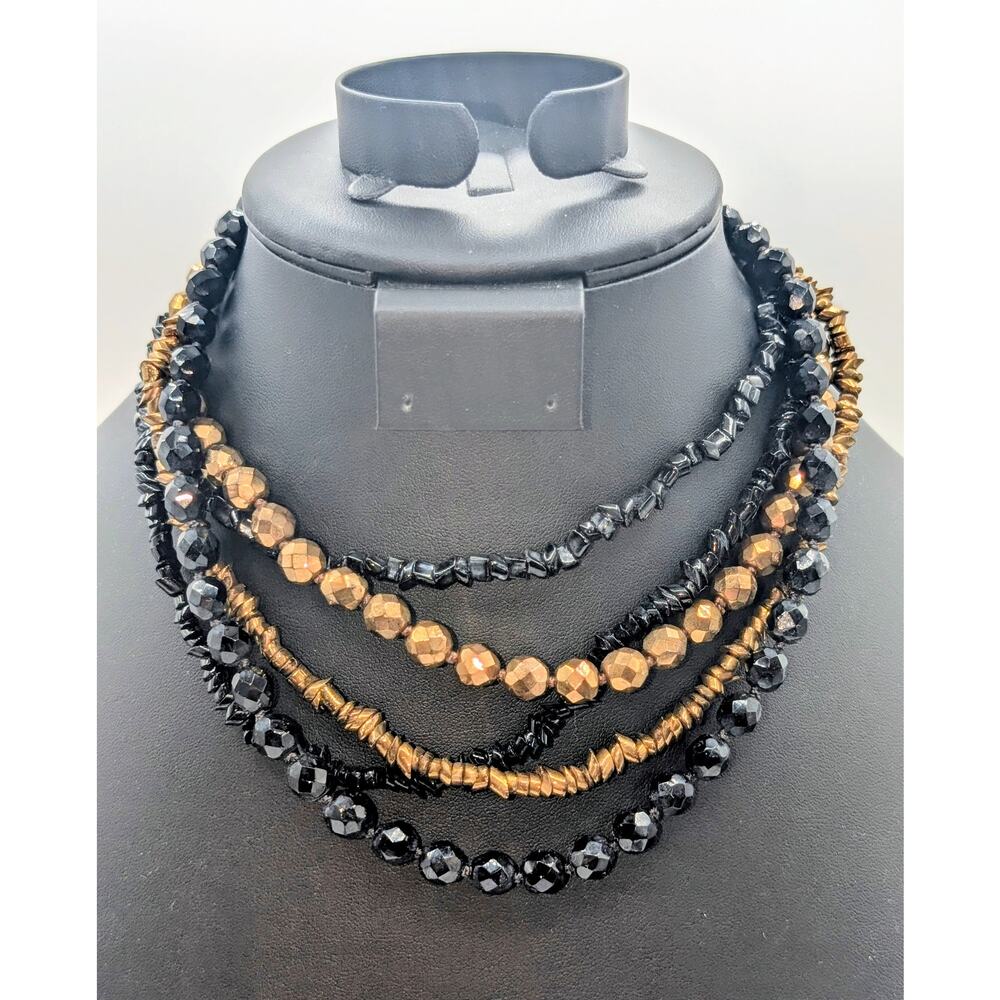 Vintage Vogue Five Strand Bronze Metallic Black Glass Multi-Bead 15.5" Necklace